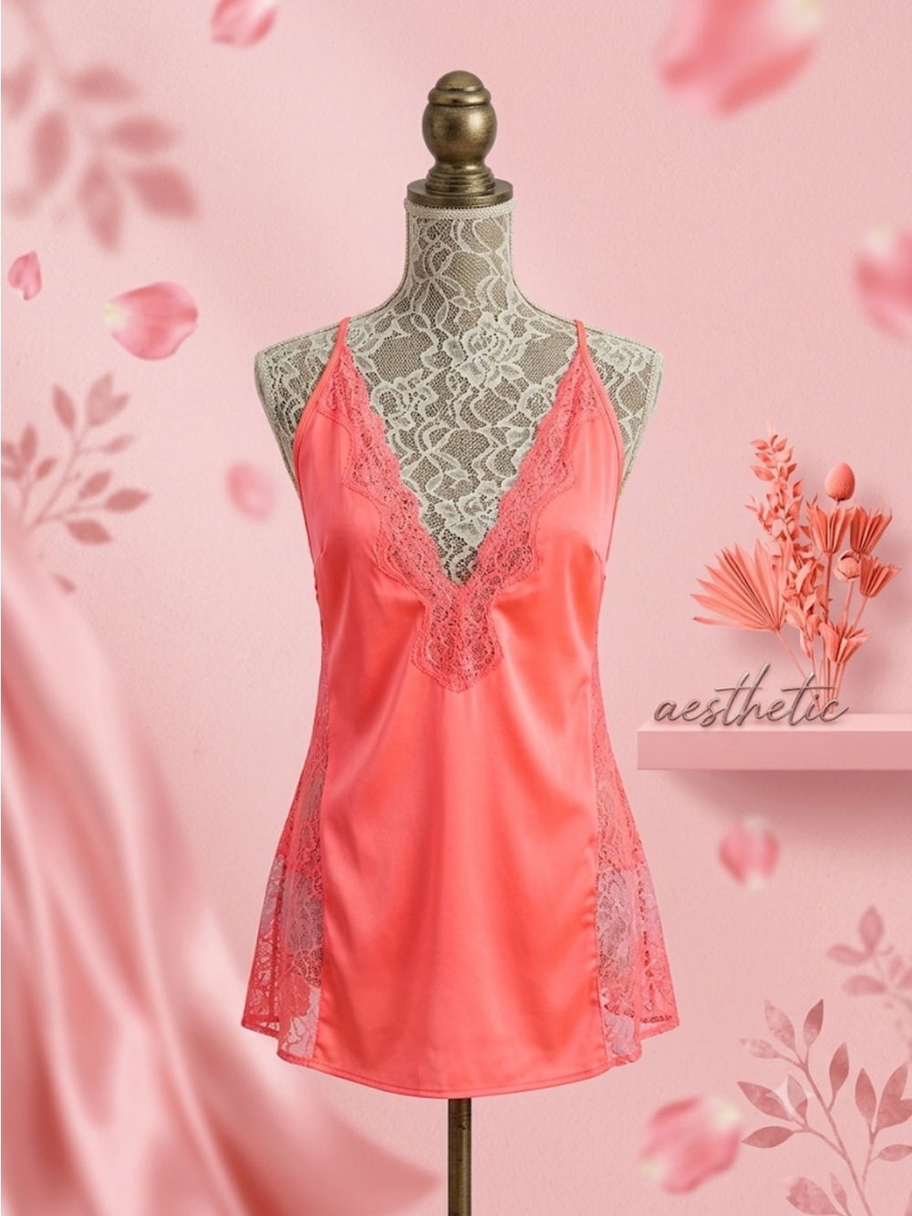 Y2K Coquette Victorias Secret Neon Pink Fairycore Lace Satin Slip Racer Back